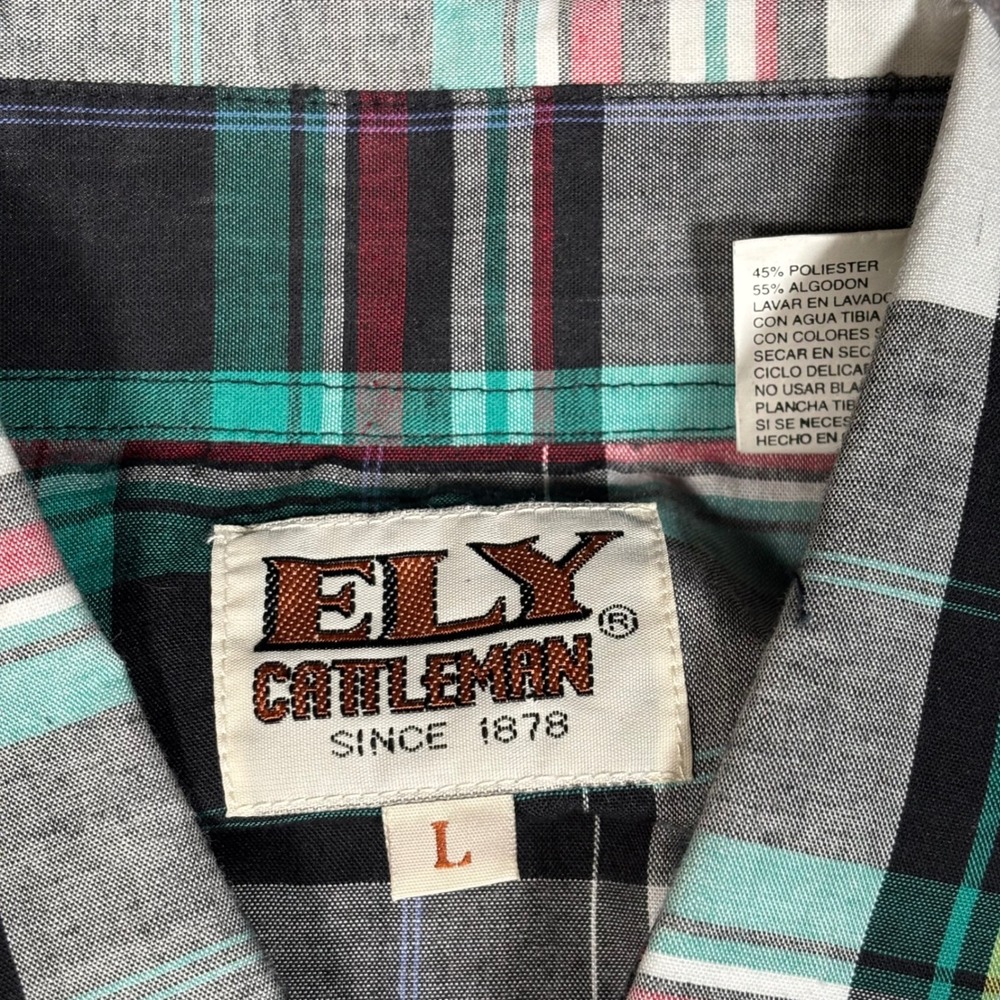 VTG Ely Cattleman Western Shirt Mens L Multi Color Teal Plaid Pearl Snap‎ Cowboy - Picture 4 of 11
